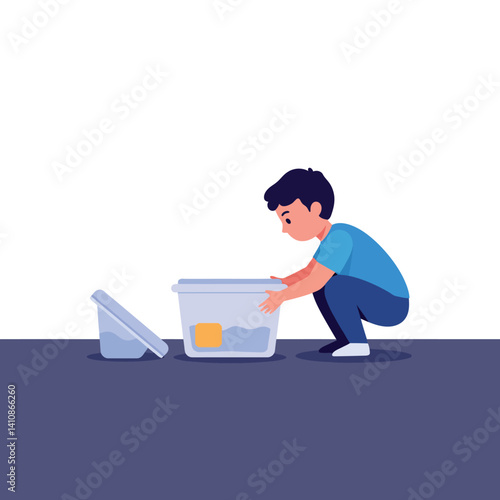 Young boy in blue shirt organizing household items in minimal flat style indoor setting vector illustration