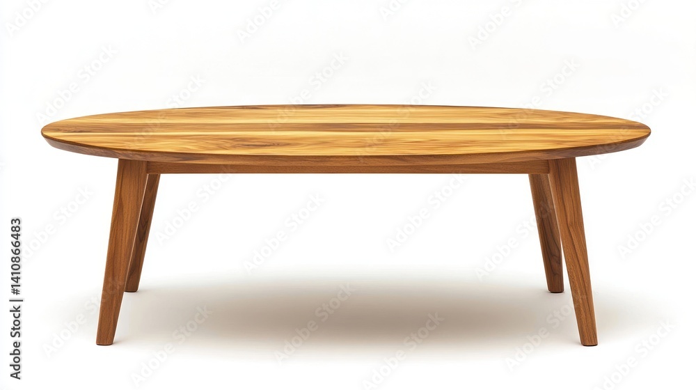 High-resolution photograph of a modern solid wood coffee table with an oval top and straight legs, isolated on a white background to accentuate its elegant design.