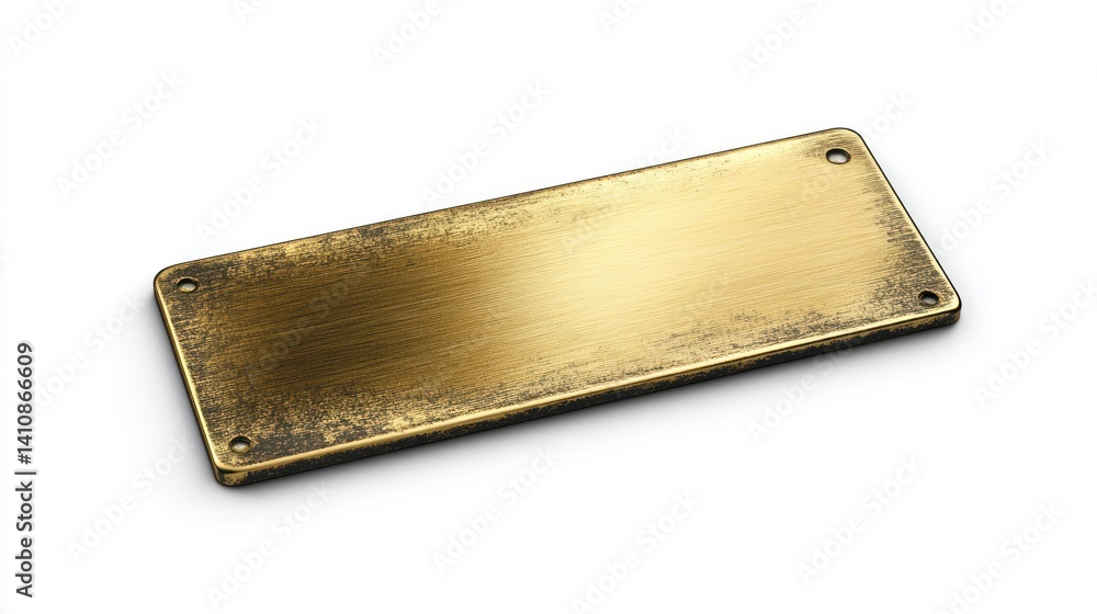 Highly detailed brass nameplate, blank and shiny, isolated on a pure white background, awaiting custom engraving for a personalized touch.