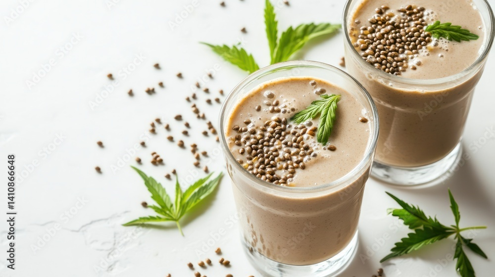 Hemp protein shakes, with seeds scattered around, isolated on a white background, perfect for health-focused photography