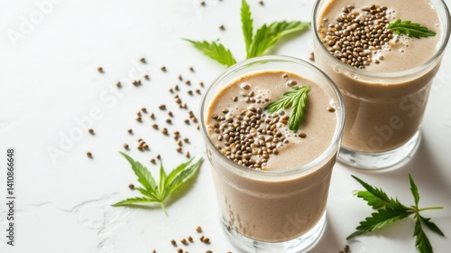 Obraz na płótnie Hemp protein shakes, with seeds scattered around, isolated on a white background, perfect for health-focused photography w salonie