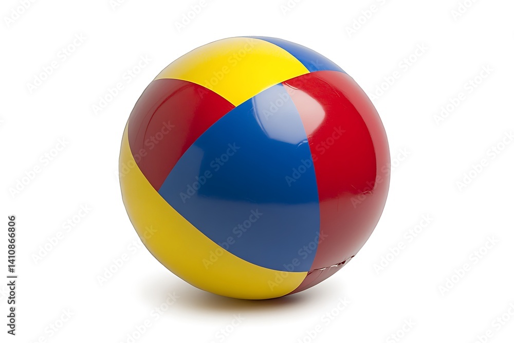 Inflatable beach ball in red, yellow, and blue, isolated on a white background
