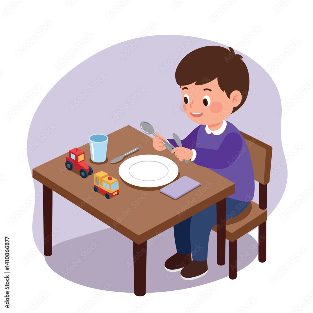 Young boy in purple shirt sitting at wooden table with toy cars and empty plate in flat minimal vector art Young boy in purple shirt sitting at wooden table with toy cars and empty plate in flat minimal vector art