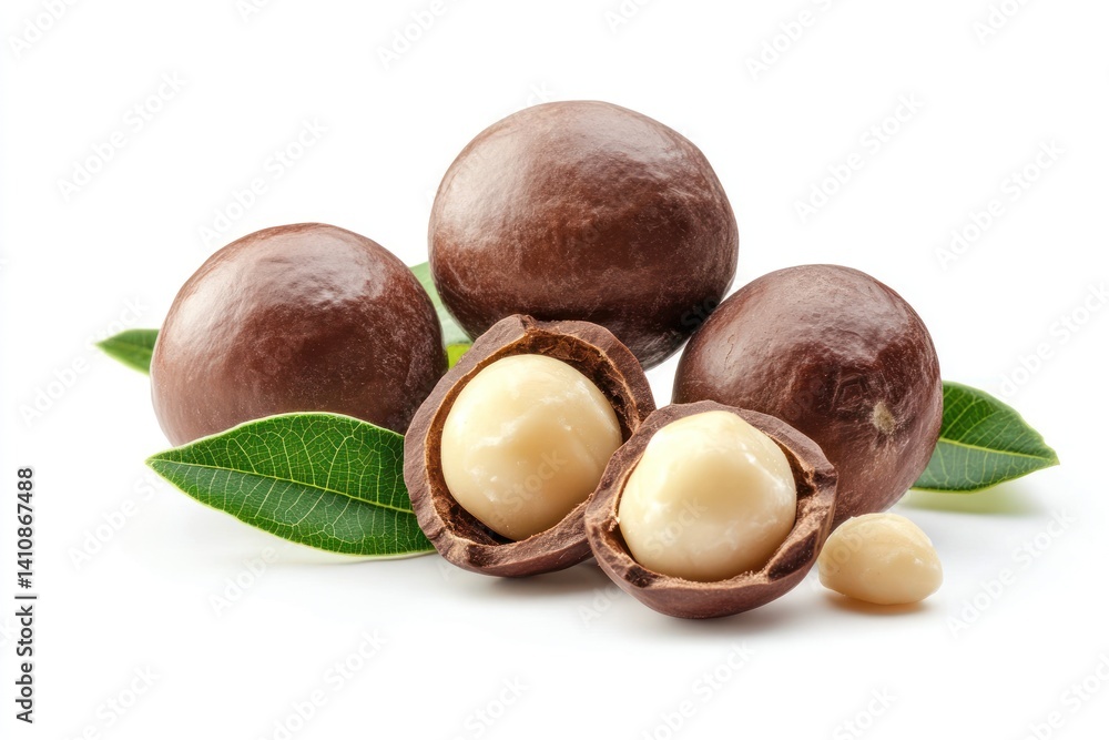 Macadamia nuts, shelled and unshelled, with leaves, isolated on a white background, ideal for food packaging designs