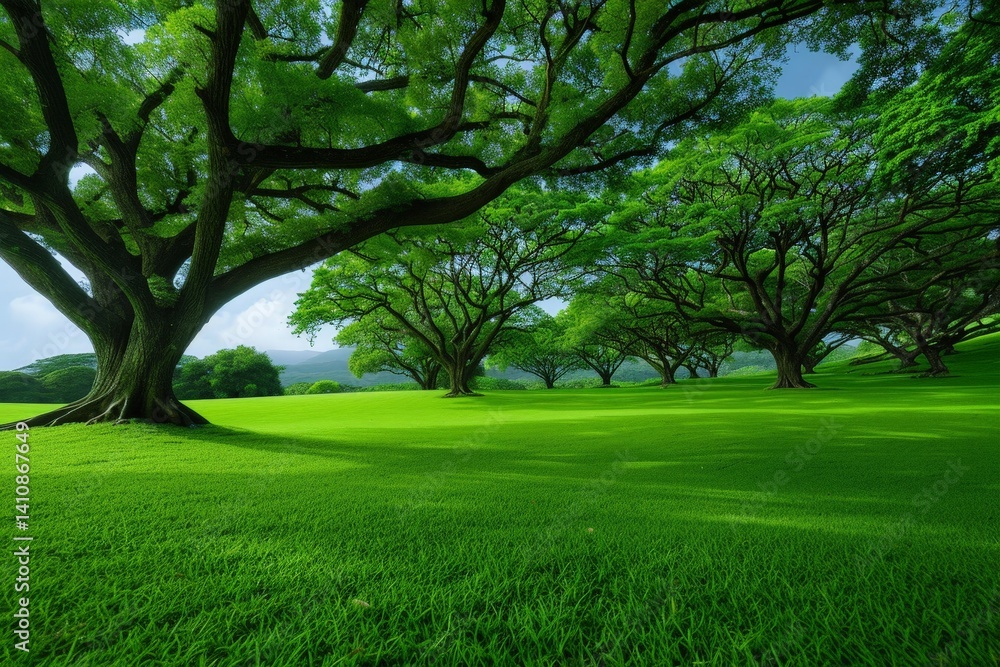Serene Park Scene with Lush Green Grass and Majestic Trees Serene Park Scene with Lush Green Grass and Majestic Trees