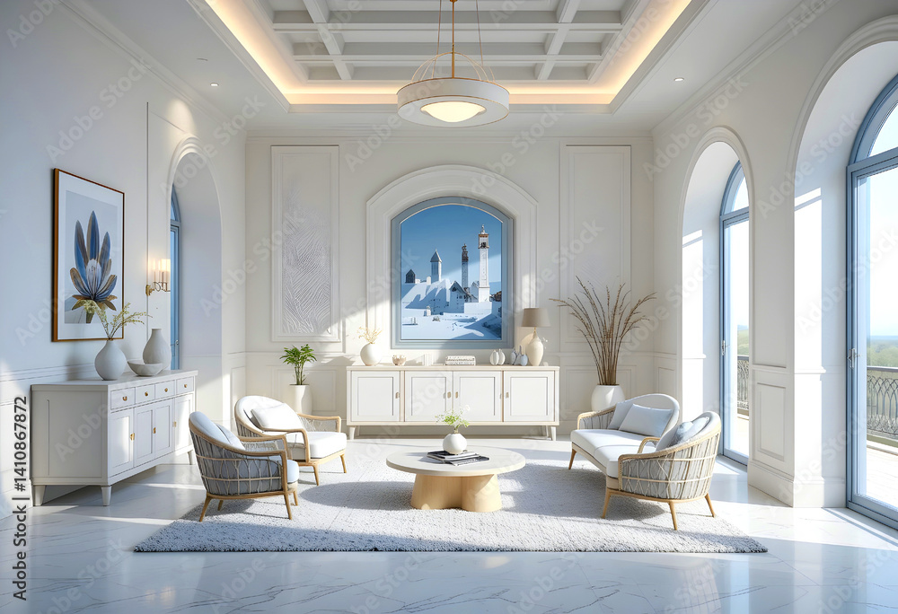 Santorini-style interior with armchairs, a cabinet, and a ceiling lamp. Mediterranean home design, resort decor. Santorini-style interior with armchairs, a cabinet, and a ceiling lamp. Mediterranean home design, resort decor.