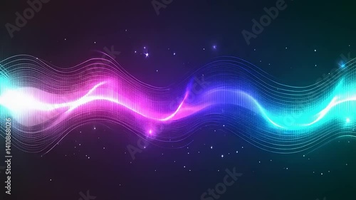 Abstract glowing wave of magenta and cyan with stars