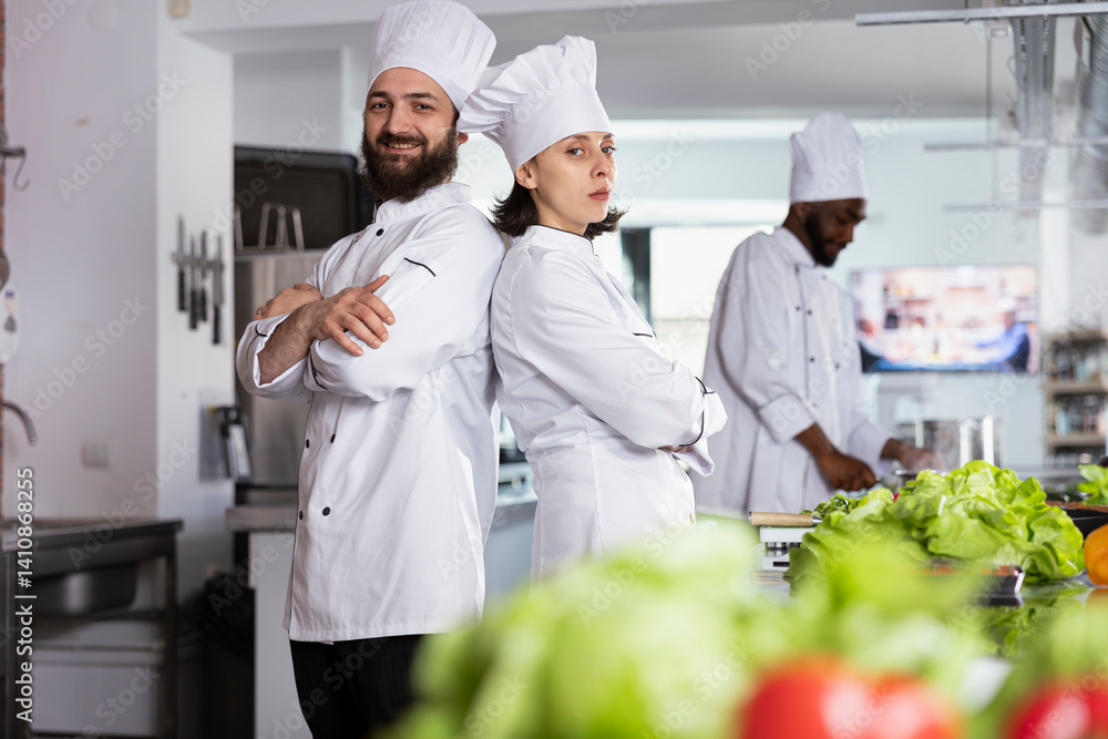 Culinary professionals team in a restaurant kitchen cooking gourmet dishes and carefully preparing ingredients. Chefs in uniform and hat creating the finest gastronomy techniques. Culinary professionals team in a restaurant kitchen cooking gourmet dishes and carefully preparing ingredients. Chefs in uniform and hat creating the finest gastronomy techniques.
