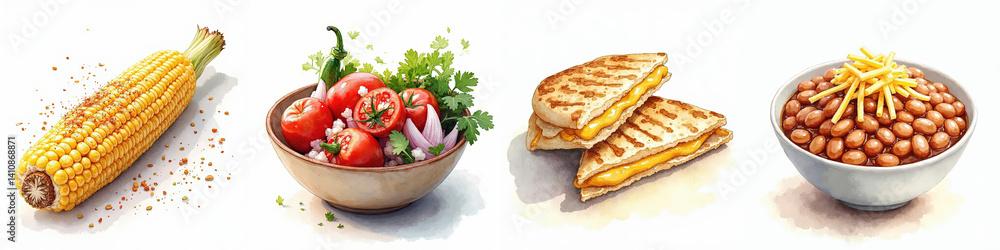 Watercolor Tex-Mex food illustration featuring elote, pico de gallo, quesadilla, and refried beans on white.. Watercolor Tex-Mex food illustration featuring elote, pico de gallo, quesadilla, and refried beans on white..