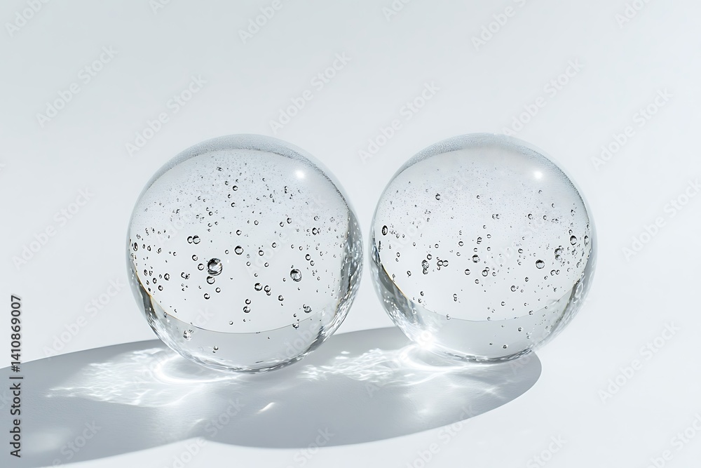 Two glass spheres with subtle bubbles, isolated on a white background, offering a minimalist and elegant touch to any display