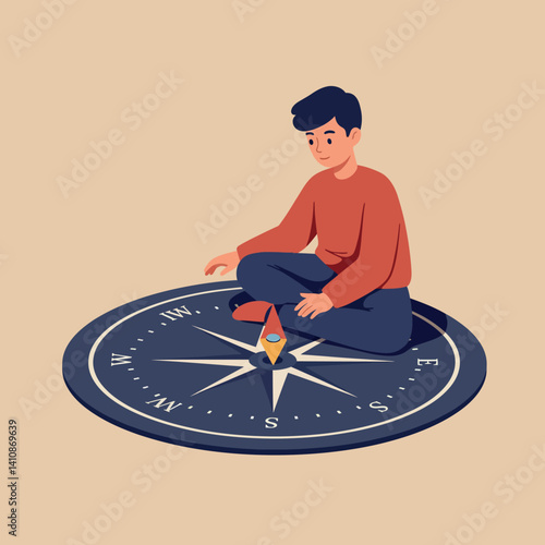Young man in red sweater sitting cross-legged on large compass flat minimal vector art with calm thoughtful atmosphere and indoor setting