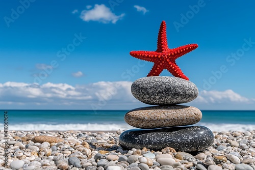 Obraz na płótnie Zen stones and a vibrant red starfish are positioned thoughtfully on the beach, with the expansive blue sky and ocean in the background. w salonie