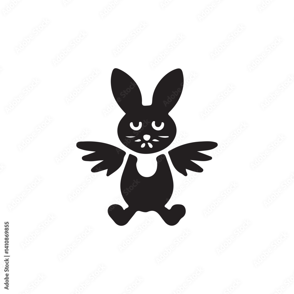 Fototapeta premium Cute black and white rabbit with wings graphic design.A stylized, black silhouette of a rabbit with wings, presented on a plain white background.