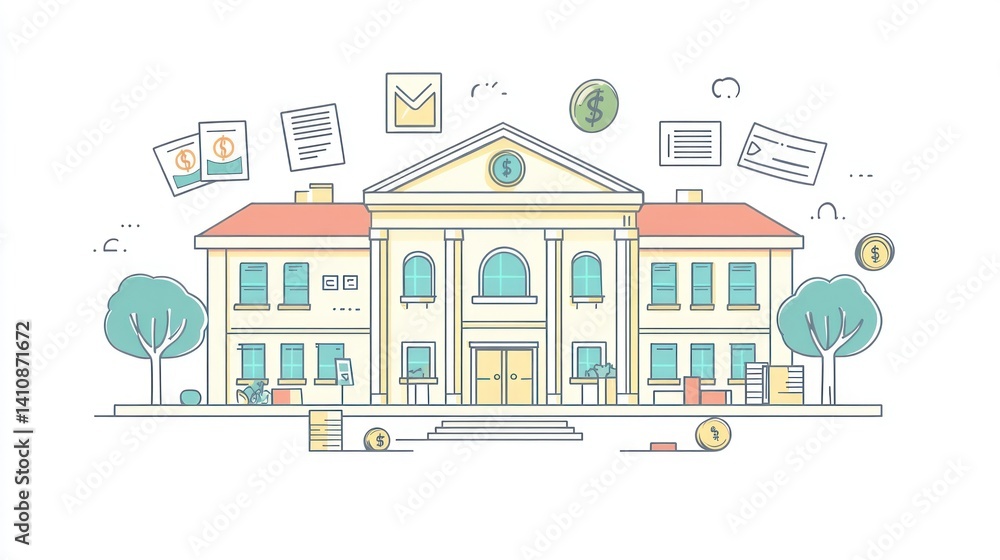 Bank building with documents and money, illustration, modern style, possible use in business finance templates Bank building with documents and money, illustration, modern style, possible use in business finance templates