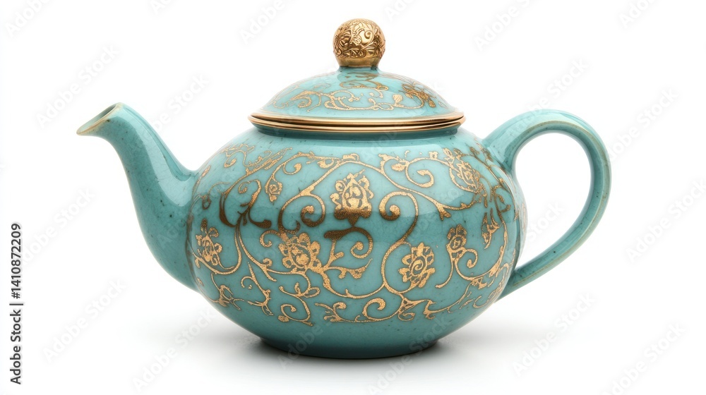 A teal porcelain teapot with ornate gold designs, isolated on a white background, perfect for a tea ceremony.
