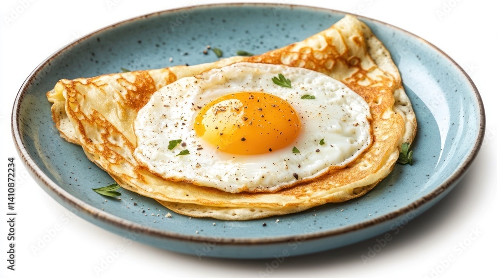 A traditional Breton crepe with a sunny-side-up egg on a blue plate, isolated on a white background to evoke a cozy breakfast vibe