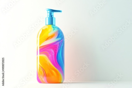 A vibrant 3D-rendered face wash bottle, featuring bright colors and set against a clean white background