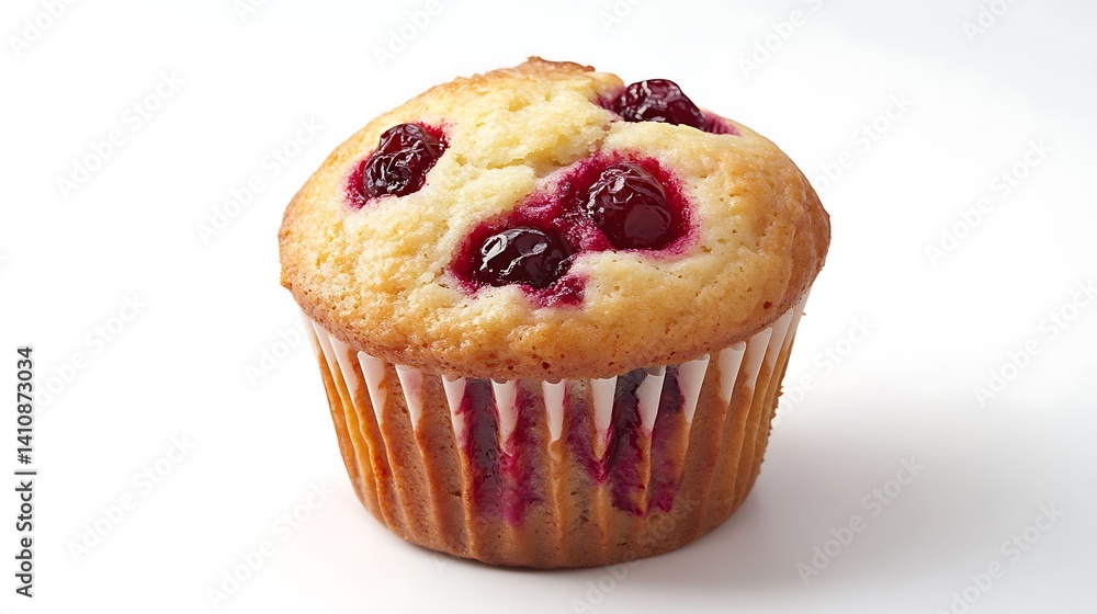 A warm cranberry muffin with a golden-brown crust, isolated on a pure white background, captured with vivid detail for a delicious look.