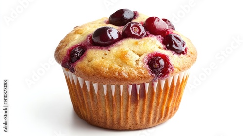 A warm cranberry muffin with a golden-brown crust, isolated on a pure white background, captured with vivid detail for a delicious look.