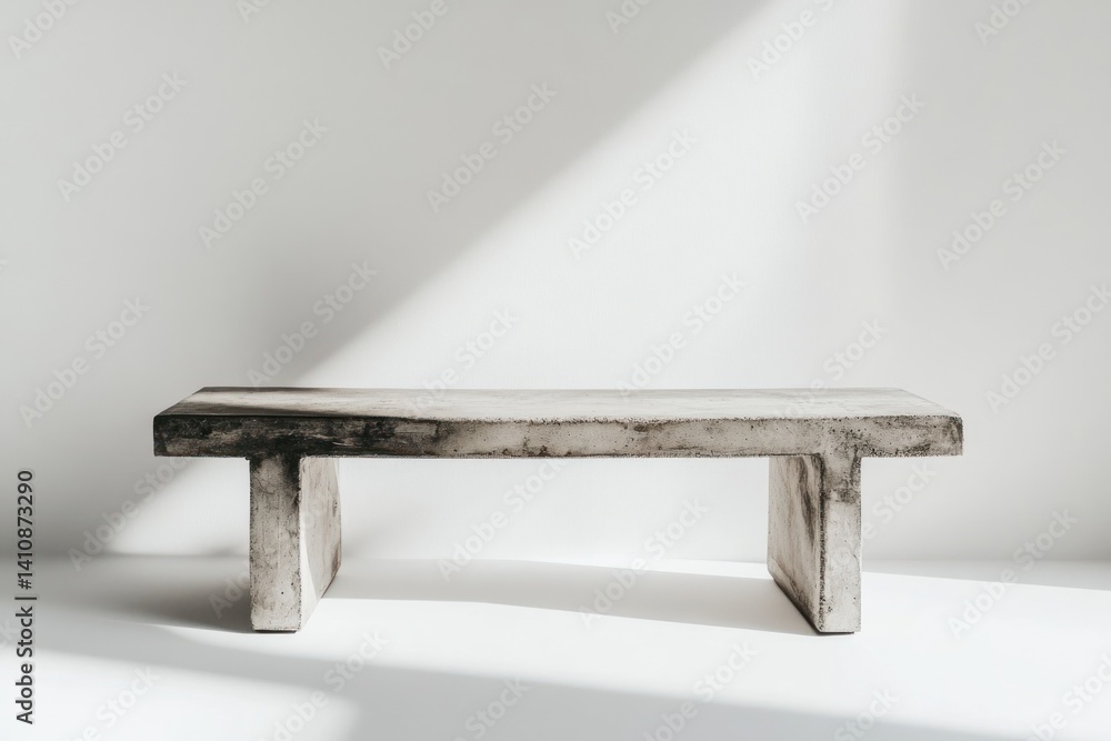 A weathered concrete bench, standing out in contrast against a plain white background, embodying raw, minimalist style
