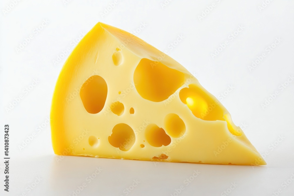 A wedge of Swiss cheese, perfectly sliced, isolated on a white background for a clean, minimalist food shot