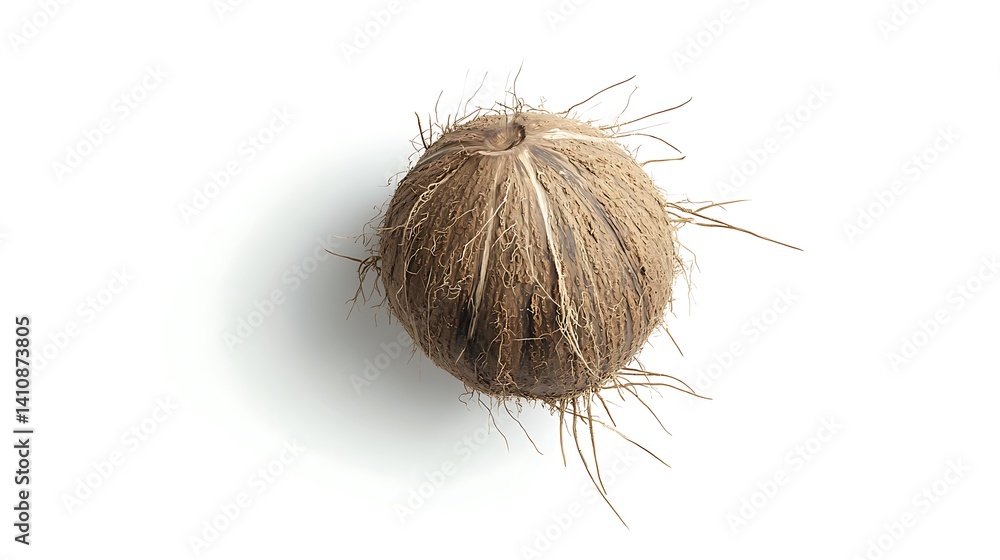 A whole coconut with a rough brown husk, isolated on a pristine white background, perfect for tropical-themed food photography