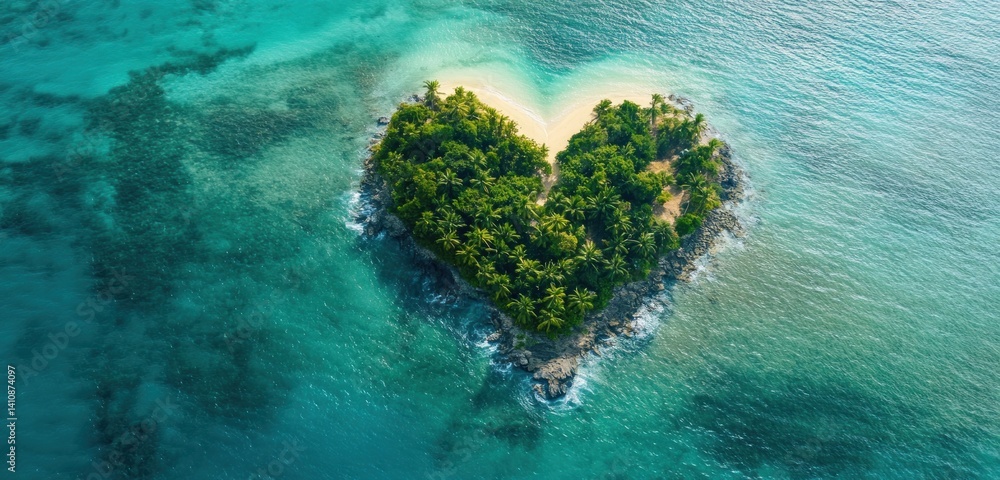 An aerial shot of a tropical island in the shape of a heart, perfect for romantic vacation themes or love-related concepts.