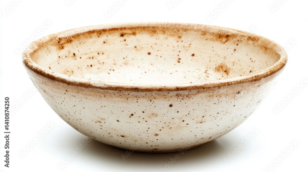 An empty speckled brown and beige ceramic bowl, isolated on a white background for simple kitchen decor.