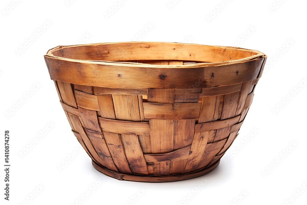 An empty wooden basket, isolated on a white background for functional, rustic styling.