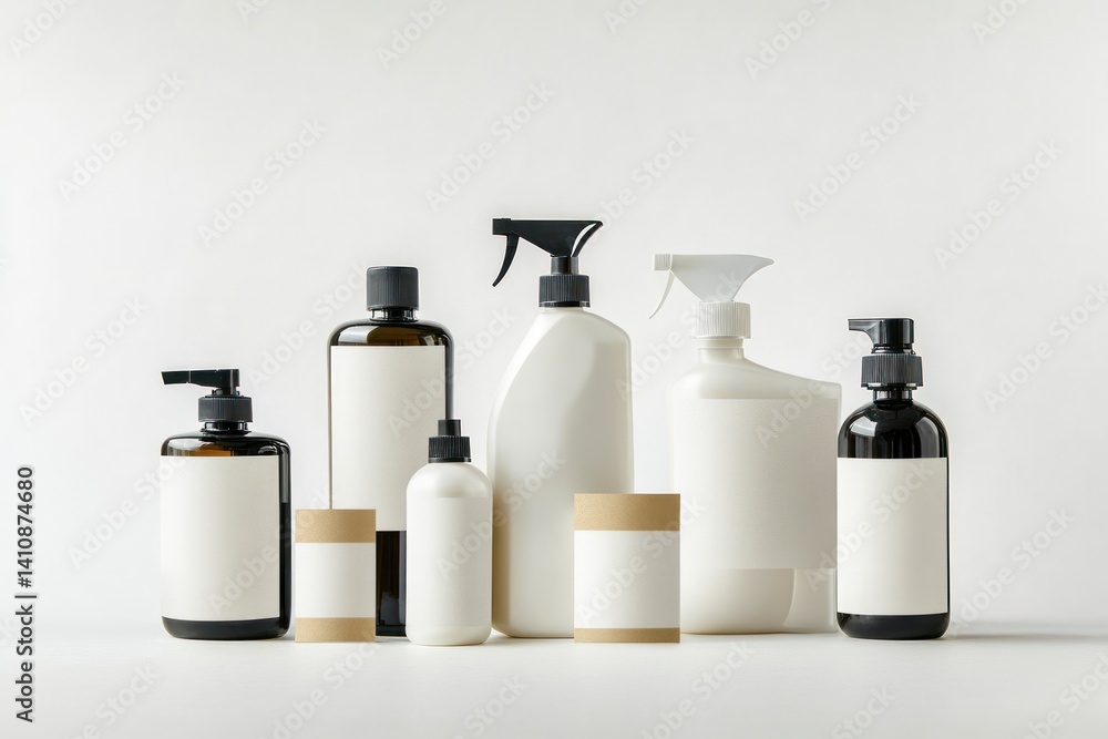Assorted eco-friendly blank empty cleaning products, blank labels , isolated against a clean white background with studio lighting.