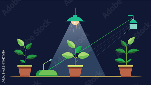 ProximityBased Lighting A smart lighting system that adjusts its intensity based on the distance of plants from the light source.. Vector illustration