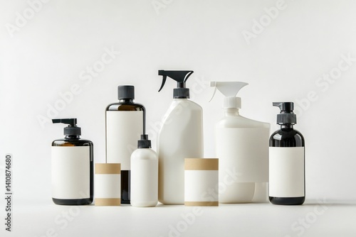 Obraz na płótnie Assorted eco-friendly blank empty cleaning products, blank labels , isolated against a clean white background with studio lighting. w salonie