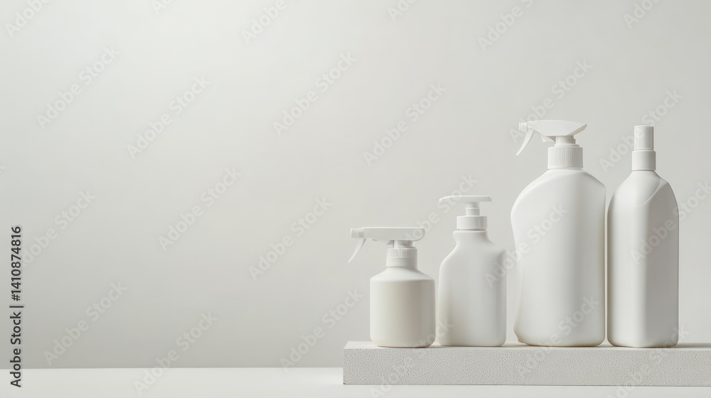 Assorted eco-friendly blank empty cleaning products, blank labels , isolated against a clean white background with studio lighting.