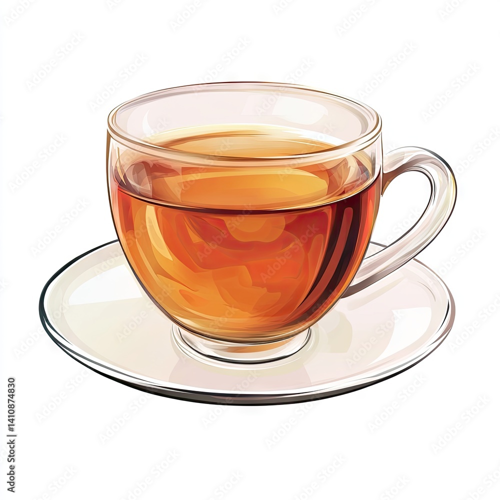 Glass teacup filled with amber tea, resting on a saucer Glass teacup filled with amber tea, resting on a saucer