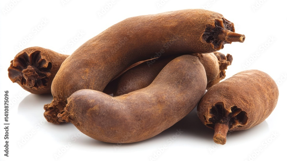 Close-up of tamarind, isolated on a white background, showcasing its texture and natural beauty.