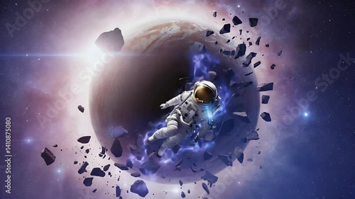 An astronaut floats through space, surrounded by debris and a cosmic backdrop.