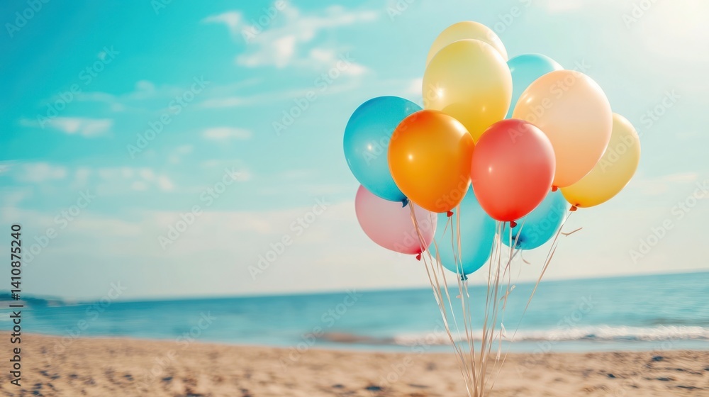 Colorful balloons in various shapes float in the gentle breeze at the beach, adding a playful touch to the summer atmosphere.
