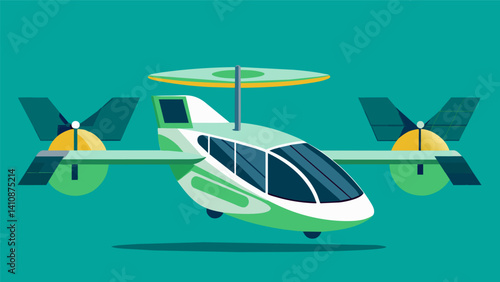 An air taxi designed for ecofriendly travel powered entirely by solar panels and utilizing a hybrid electric motor for vertical takeoff and landing. Its sustainable design is a. Vector illustration