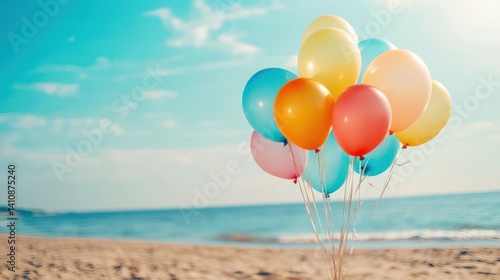 Obraz na płótnie Colorful balloons in various shapes float in the gentle breeze at the beach, adding a playful touch to the summer atmosphere. w salonie