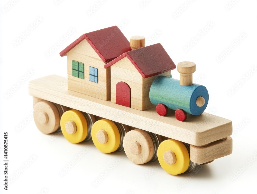 Colorful wooden toy train carrying a miniature wooden house, isolated on a white background
