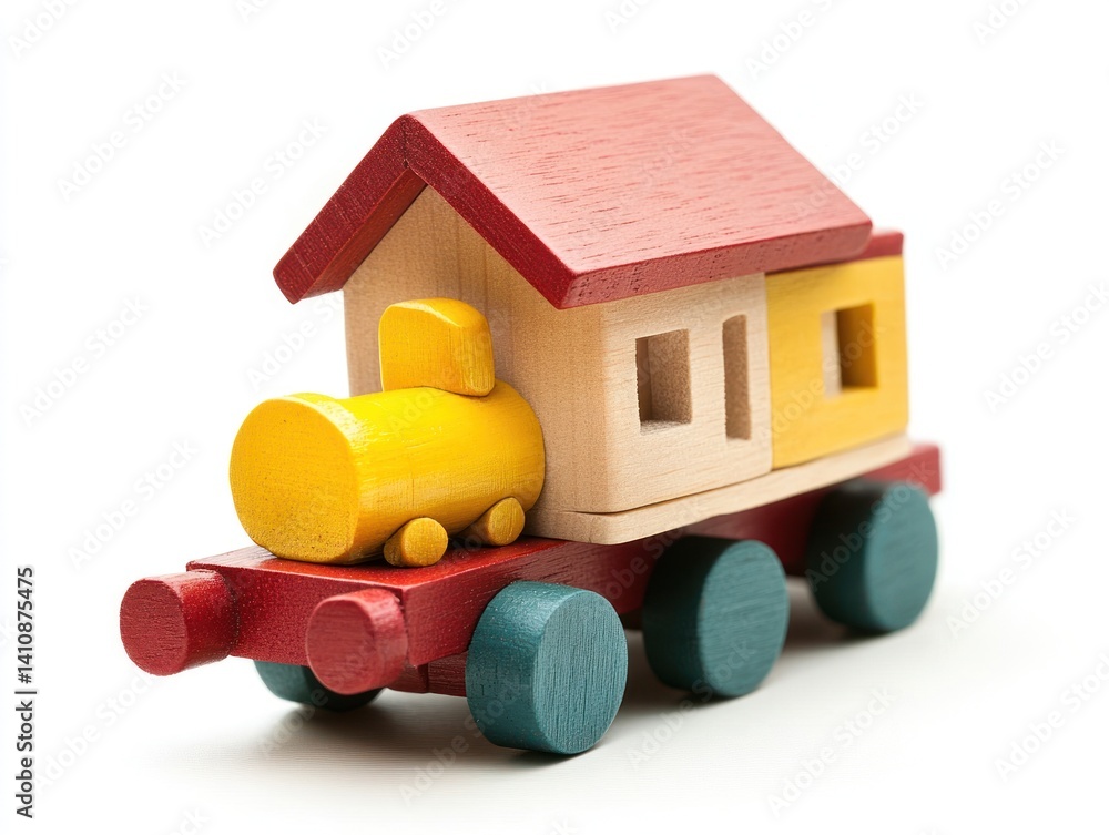 Colorful wooden toy train carrying a miniature wooden house, isolated on a white background