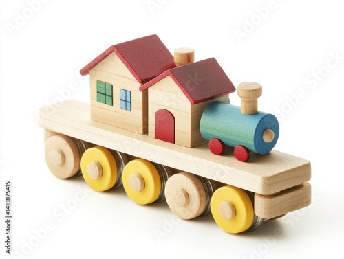 Obraz na płótnie Colorful wooden toy train carrying a miniature wooden house, isolated on a white background w salonie