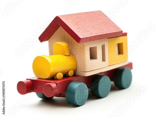 Obraz na płótnie Colorful wooden toy train carrying a miniature wooden house, isolated on a white background w salonie
