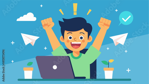 A students face lights up with excitement as they successfully complete a challenging coding task and move on to the next one.. Vector illustration