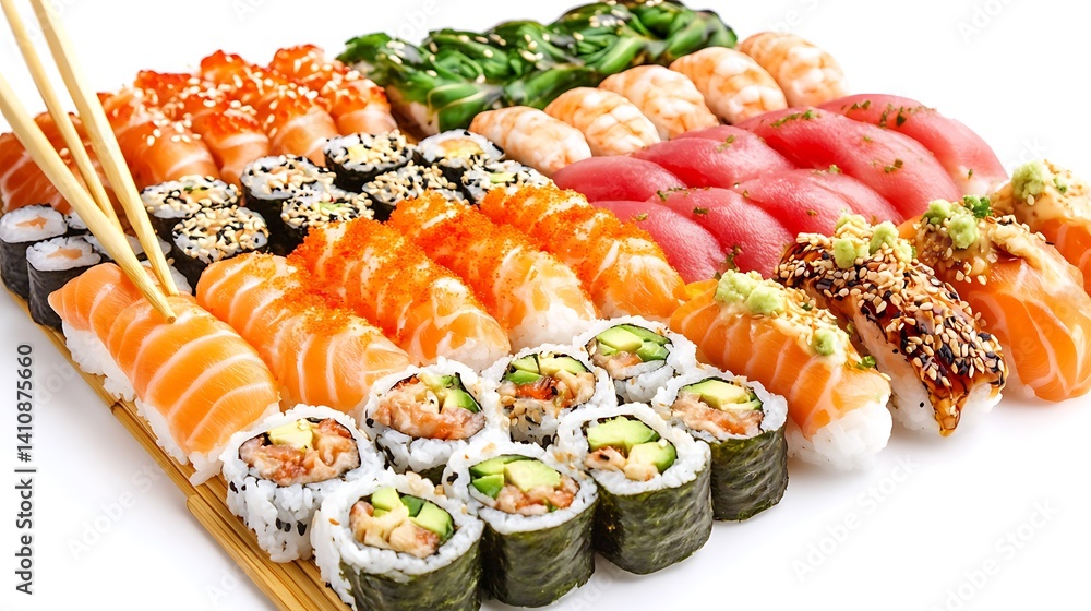 Delicious sushi rolls, elegantly arranged with chopsticks, isolated against a clean white background, ideal for menu design