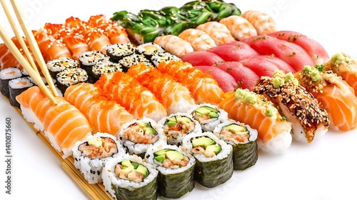 Obraz na płótnie Delicious sushi rolls, elegantly arranged with chopsticks, isolated against a clean white background, ideal for menu design w salonie