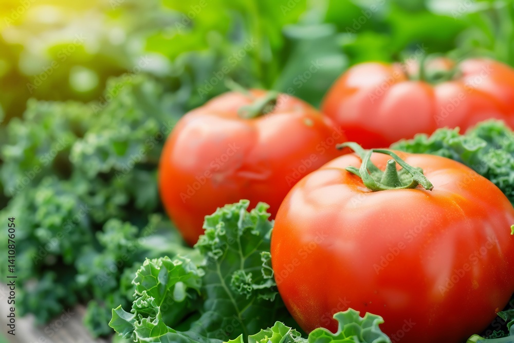 Lush kitchen garden fresh vegetables like tomatoes peppers and kale growing in raised wooden beds under soft morning sunlight Lush kitchen garden fresh vegetables like tomatoes peppers and kale growing in raised wooden beds under soft morning sunlight