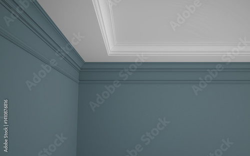 Part of the interior with cornices on the white ceiling and on the walls painted blue, 3D render.