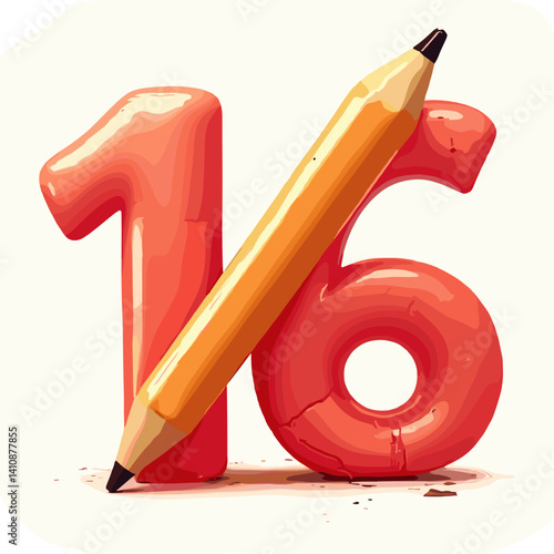 Colorful Number 16 with Pencil on Light Background  