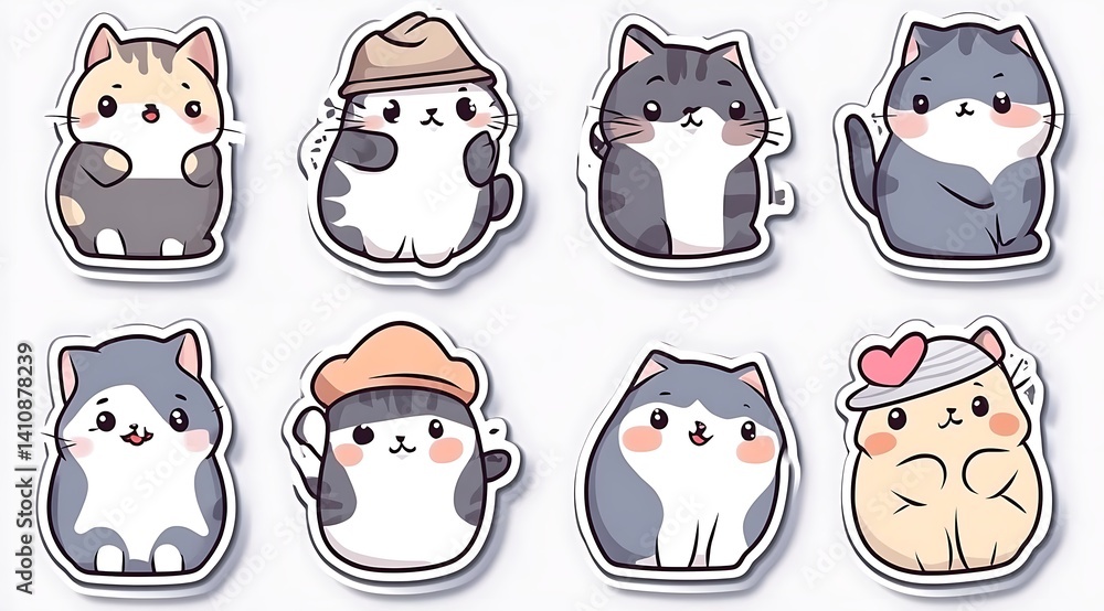 Fototapeta premium design cute animal sticker wear suite with line color style more action in white background isolated on white,clip art ,remain space between border each corner and rainbow and toy and hat and heart 